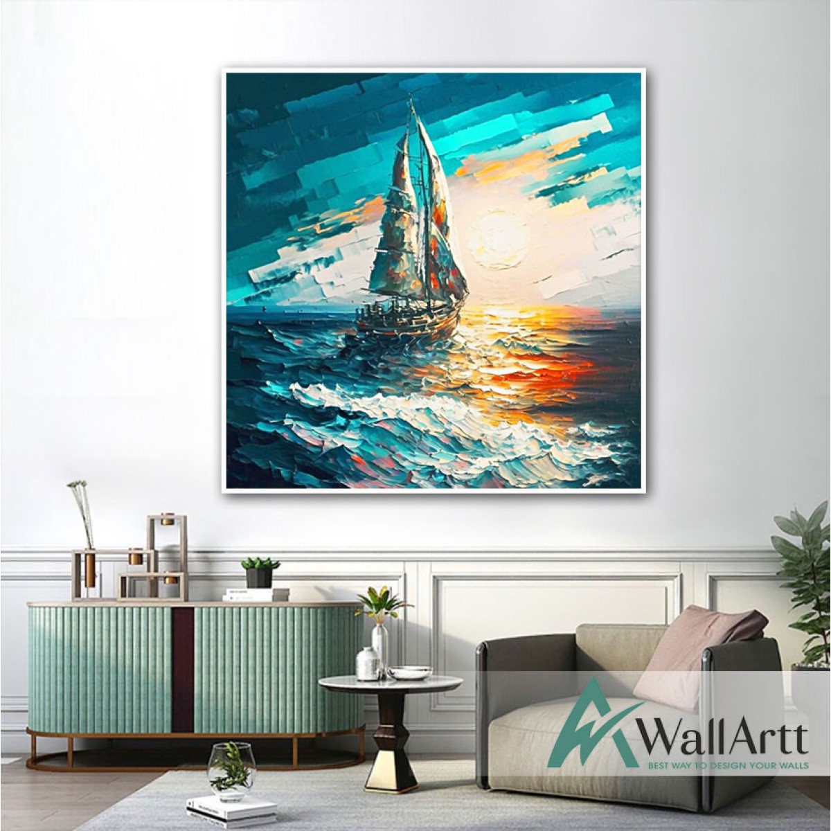 Turq Sailboat 3D Heavy Textured Partial Oil Painting